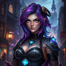 A stunning portrait of a character from Arcane, featuring a female champion with vibrant purple and blue hair, intricate tattoos glowing on her skin, and dressed in a stylish, detailed outfit inspired by the Steampunk aesthetic