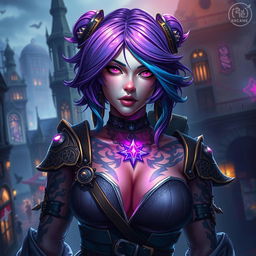 A stunning portrait of a character from Arcane, featuring a female champion with vibrant purple and blue hair, intricate tattoos glowing on her skin, and dressed in a stylish, detailed outfit inspired by the Steampunk aesthetic