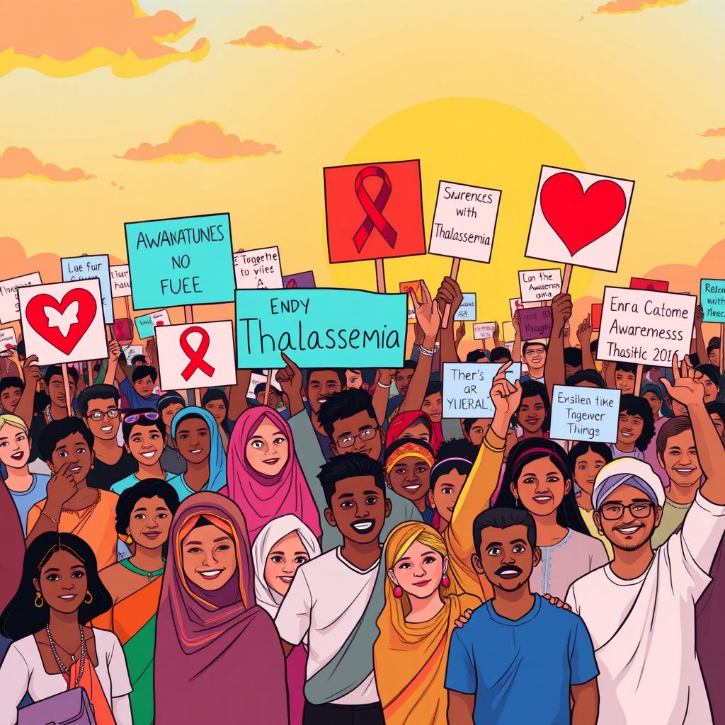 A vibrant and dynamic illustration depicting a diverse group of people united together in a colorful rally against Thalassemia