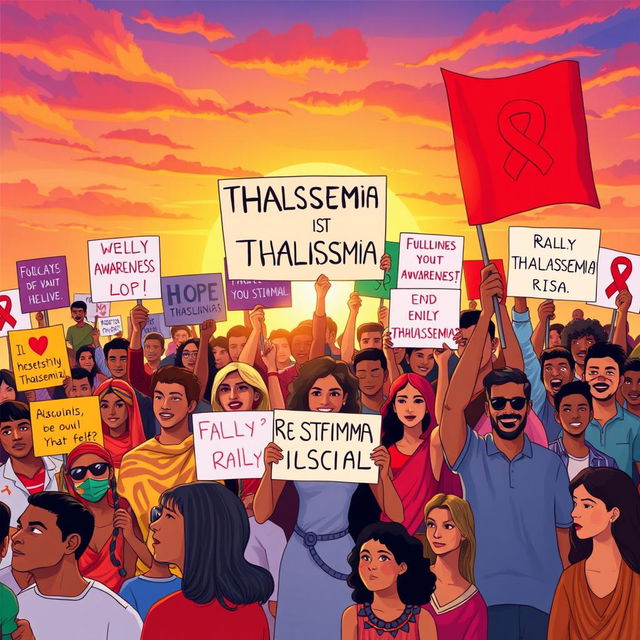 A vibrant and dynamic illustration depicting a diverse group of people united together in a colorful rally against Thalassemia