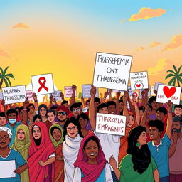 A vibrant and dynamic illustration depicting a diverse group of people united together in a colorful rally against Thalassemia