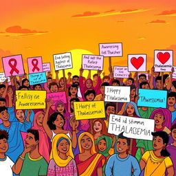 A vibrant and dynamic illustration depicting a diverse group of people united together in a colorful rally against Thalassemia