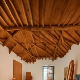 A creative and inspiring art studio inside a museum, characterized by a traditional wooden ceiling.