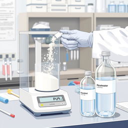 A detailed illustration of a laboratory scene where a researcher is weighing Polyvinyl Alcohol (PVA) powder on an analytical balance