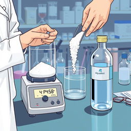 A detailed illustration of a laboratory scene where a researcher is weighing Polyvinyl Alcohol (PVA) powder on an analytical balance
