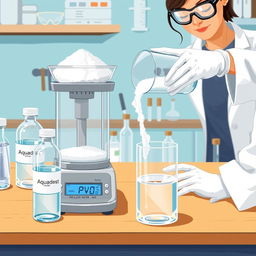 A detailed illustration of a laboratory scene where a researcher is weighing Polyvinyl Alcohol (PVA) powder on an analytical balance