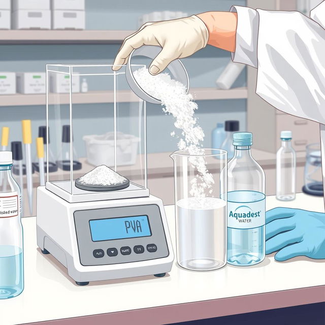 A detailed illustration of a laboratory scene where a researcher is weighing Polyvinyl Alcohol (PVA) powder on an analytical balance