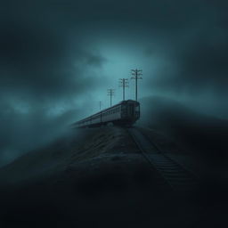 A book cover design showcasing a solitary train traversing a hill in a desolate setting