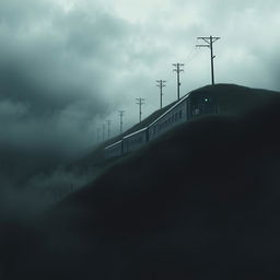 A book cover design showcasing a solitary train traversing a hill in a desolate setting