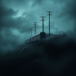 A book cover design showcasing a solitary train traversing a hill in a desolate setting
