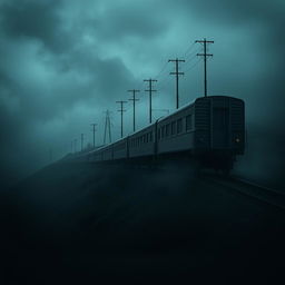 A book cover design showcasing a solitary train traversing a hill in a desolate setting