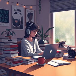 A cozy, atmospheric room scene with soft, warm lighting, featuring a young woman sitting at a desk surrounded by stacks of books, a laptop open in front of her playing lofi music