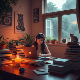 A cozy, atmospheric room scene with soft, warm lighting, featuring a young woman sitting at a desk surrounded by stacks of books, a laptop open in front of her playing lofi music