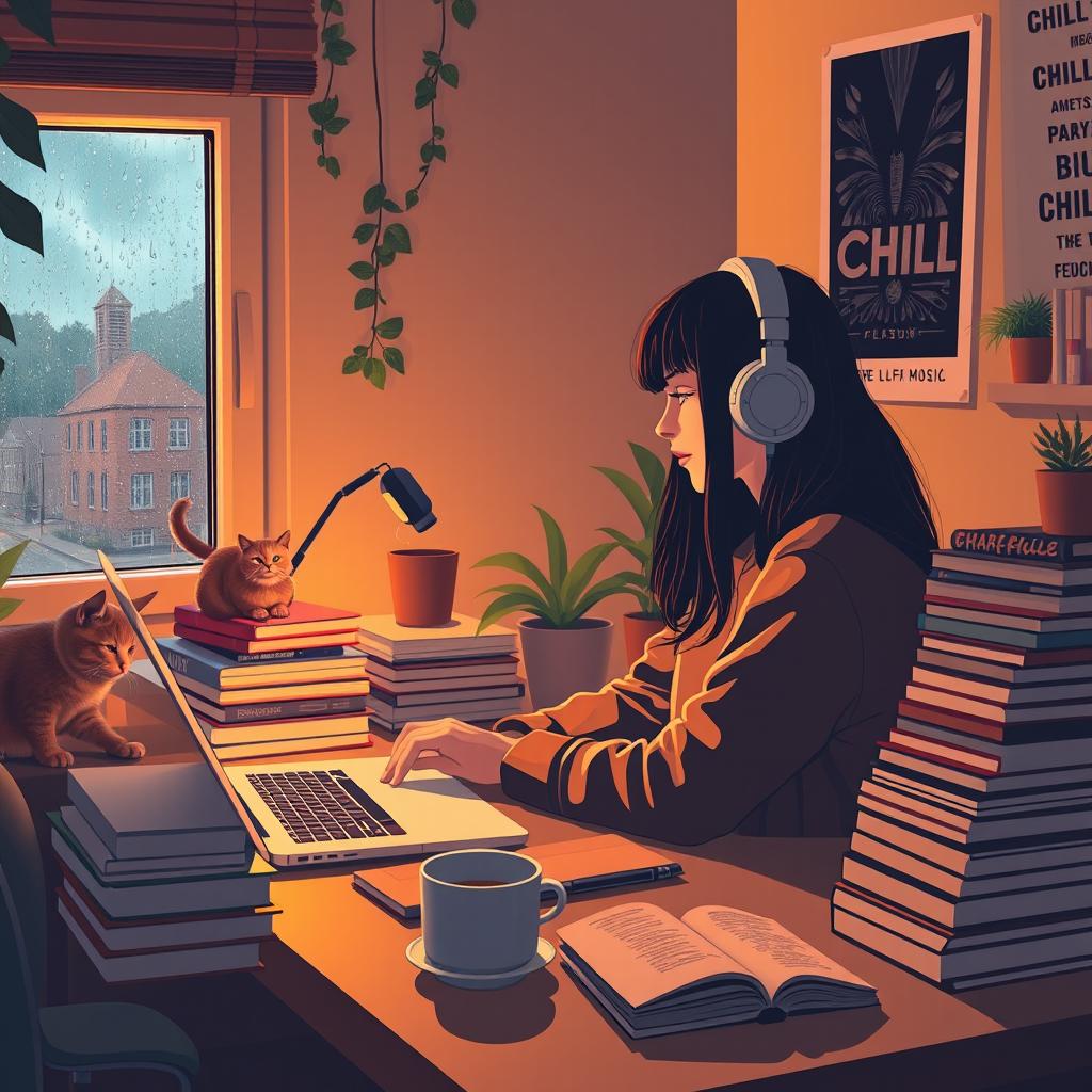 A cozy, atmospheric room scene with soft, warm lighting, featuring a young woman sitting at a desk surrounded by stacks of books, a laptop open in front of her playing lofi music