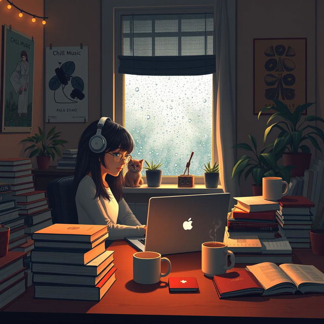 A cozy, atmospheric room scene with soft, warm lighting, featuring a young woman sitting at a desk surrounded by stacks of books, a laptop open in front of her playing lofi music