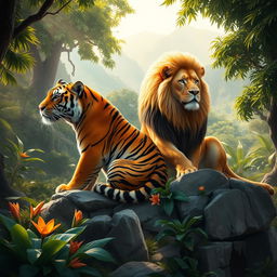 A majestic scene depicting a powerful tiger and a regal lion sitting together on a rocky outcrop in a dense jungle