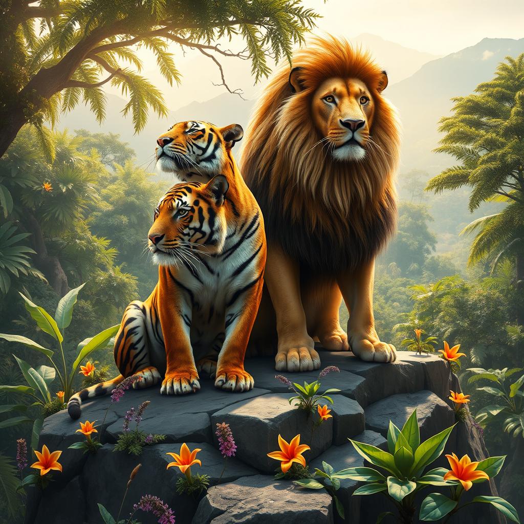 A majestic scene depicting a powerful tiger and a regal lion sitting together on a rocky outcrop in a dense jungle