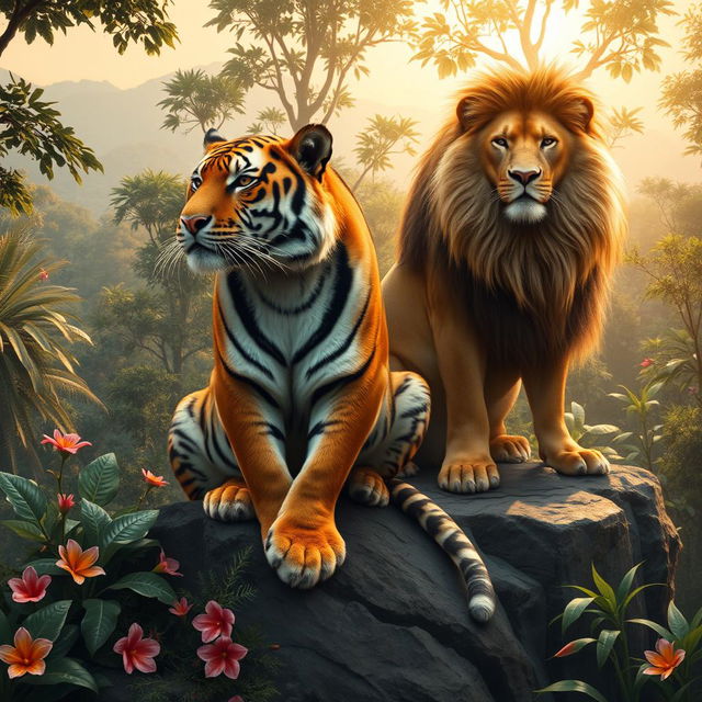 A majestic scene depicting a powerful tiger and a regal lion sitting together on a rocky outcrop in a dense jungle