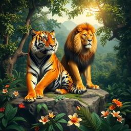 A majestic scene depicting a powerful tiger and a regal lion sitting together on a rocky outcrop in a dense jungle