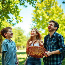 A vibrant outdoor scene featuring a group of friends enjoying a sunny day at the park