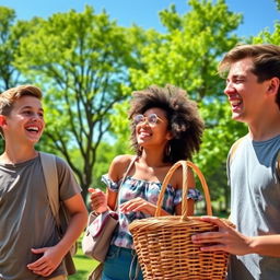 A vibrant outdoor scene featuring a group of friends enjoying a sunny day at the park