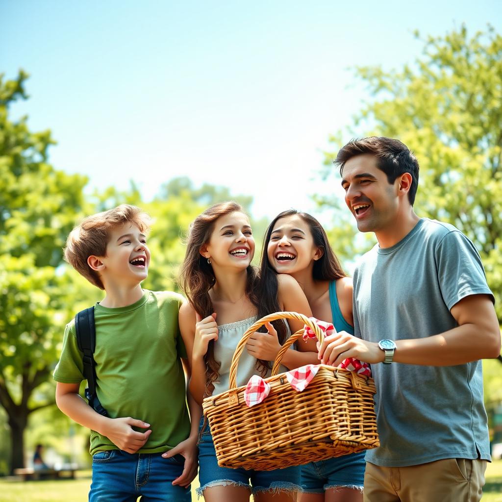 A vibrant outdoor scene featuring a group of friends enjoying a sunny day at the park