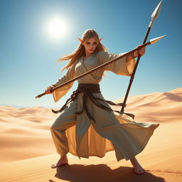 A female Half-Elf Monk fighter poised in a dynamic stance, wielding both a Bo Staff and a Trident in an expansive desert landscape