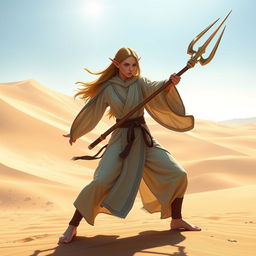 A female Half-Elf Monk fighter poised in a dynamic stance, wielding both a Bo Staff and a Trident in an expansive desert landscape