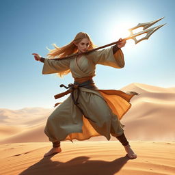A female Half-Elf Monk fighter poised in a dynamic stance, wielding both a Bo Staff and a Trident in an expansive desert landscape