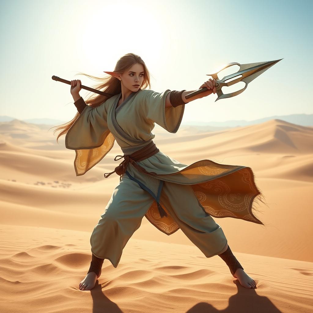 A female Half-Elf Monk fighter poised in a dynamic stance, wielding both a Bo Staff and a Trident in an expansive desert landscape