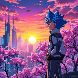 A vibrant anime scene showcasing a fantastical cityscape at sunset, with towering buildings adorned with neon lights