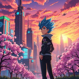 A vibrant anime scene showcasing a fantastical cityscape at sunset, with towering buildings adorned with neon lights