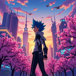 A vibrant anime scene showcasing a fantastical cityscape at sunset, with towering buildings adorned with neon lights