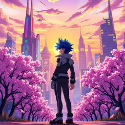 A vibrant anime scene showcasing a fantastical cityscape at sunset, with towering buildings adorned with neon lights