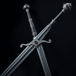 A highly detailed, ornate sword with intricate engravings on the hilt and blade, reflecting a medieval style