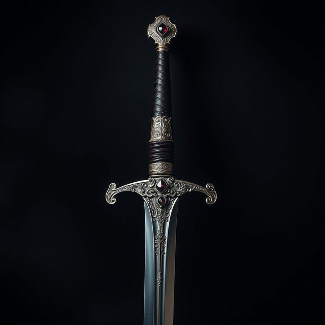 A highly detailed, ornate sword with intricate engravings on the hilt and blade, reflecting a medieval style