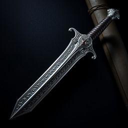 A highly detailed, ornate sword with intricate engravings on the hilt and blade, reflecting a medieval style
