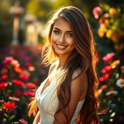 A stunningly attractive, realistic portrait of a vibrant young woman with long flowing brunette hair and captivating green eyes, wearing a stylish white dress