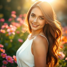 A stunningly attractive, realistic portrait of a vibrant young woman with long flowing brunette hair and captivating green eyes, wearing a stylish white dress