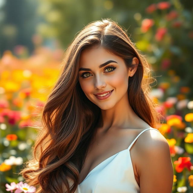 A stunningly attractive, realistic portrait of a vibrant young woman with long flowing brunette hair and captivating green eyes, wearing a stylish white dress