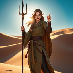 A female Half-Elf Monk fighter standing confidently in a desert setting, skillfully gripping a trident