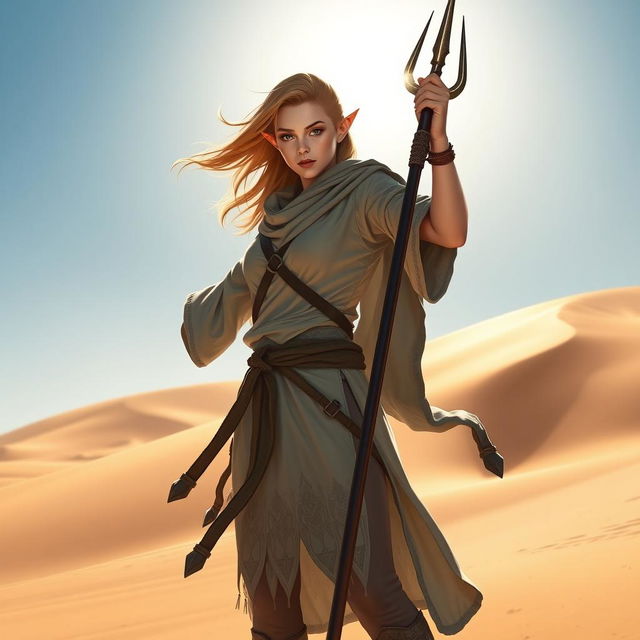 A female Half-Elf Monk fighter standing confidently in a desert setting, skillfully gripping a trident