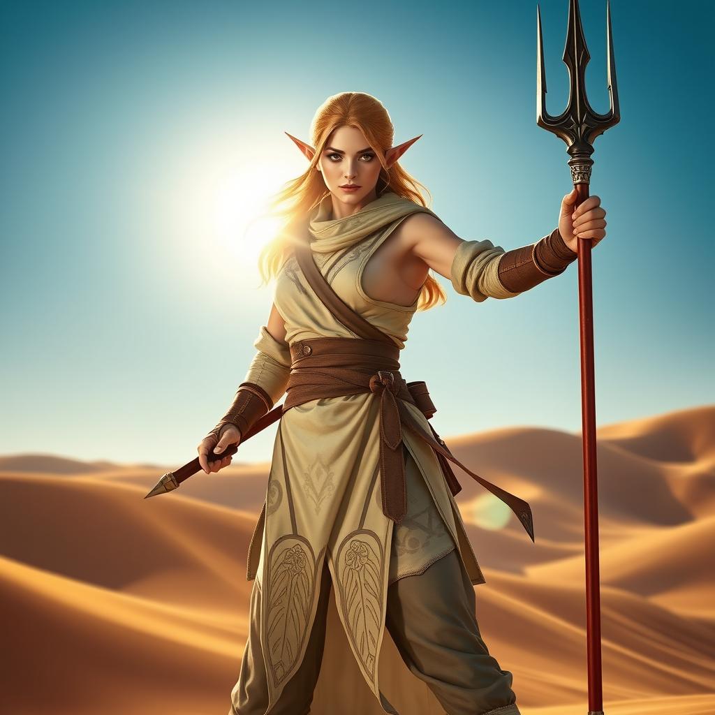 A female Half-Elf Monk fighter standing confidently in a desert setting, skillfully gripping a trident