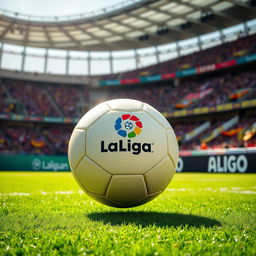 A vibrant and dynamic scene featuring a soccer ball prominently displaying the La Liga logo in a sunny stadium atmosphere