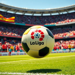A vibrant and dynamic scene featuring a soccer ball prominently displaying the La Liga logo in a sunny stadium atmosphere