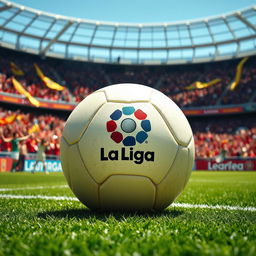 A vibrant and dynamic scene featuring a soccer ball prominently displaying the La Liga logo in a sunny stadium atmosphere