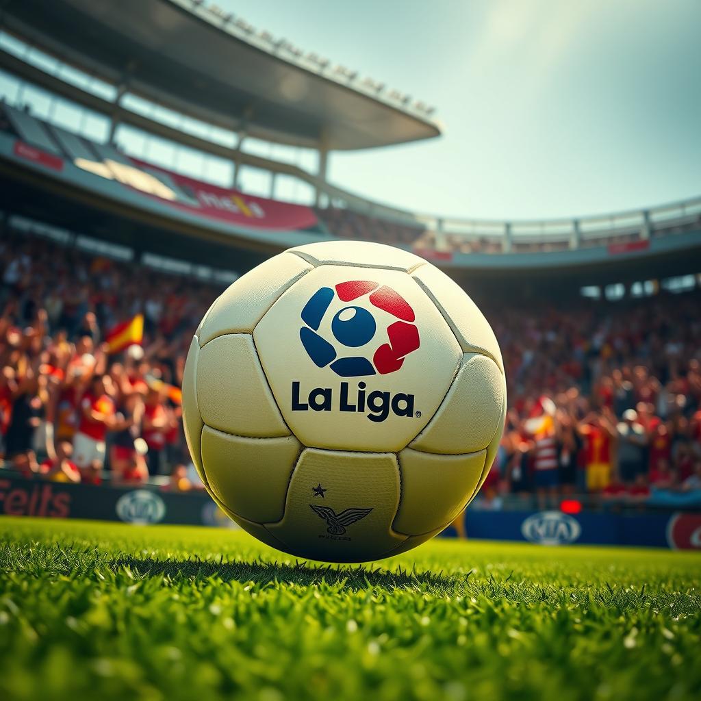 A vibrant and dynamic scene featuring a soccer ball prominently displaying the La Liga logo in a sunny stadium atmosphere