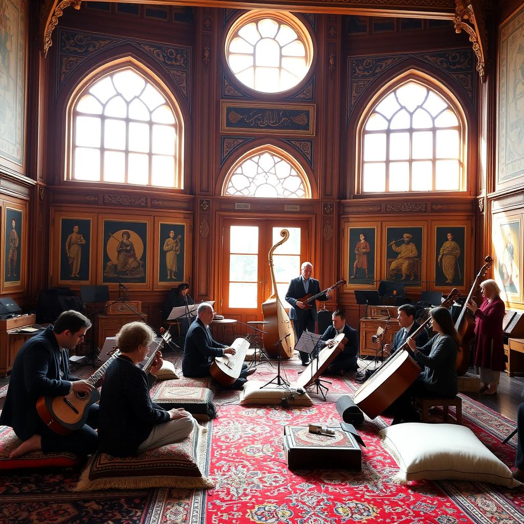 An Iranian music conservatory, filled with traditional musical instruments like the santur, tar, and daf, in a beautifully designed room adorned with intricate Persian carpet patterns