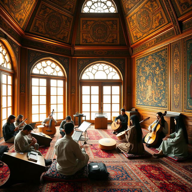 An Iranian music conservatory, filled with traditional musical instruments like the santur, tar, and daf, in a beautifully designed room adorned with intricate Persian carpet patterns