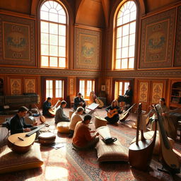 An Iranian music conservatory, filled with traditional musical instruments like the santur, tar, and daf, in a beautifully designed room adorned with intricate Persian carpet patterns